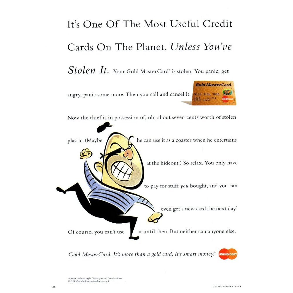 1994 Mastercard Gold Credit Card Vintage Print Ad Cartoon Thief 90s Wall Art